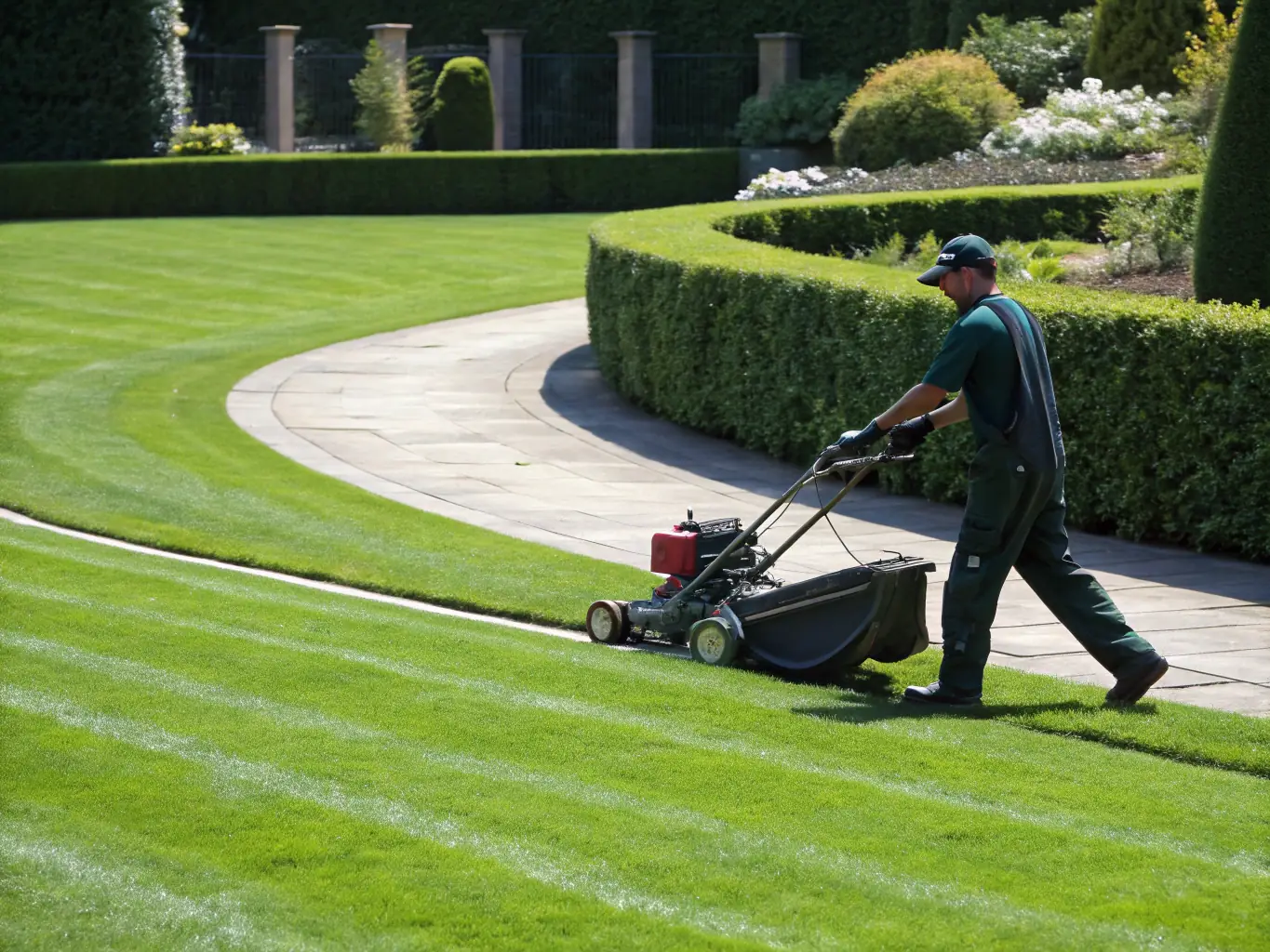 A lush, green lawn being mowed by professional equipment, with a well-maintained garden in the background, showcasing Lawn and Snow Piercer's lawn mowing service.