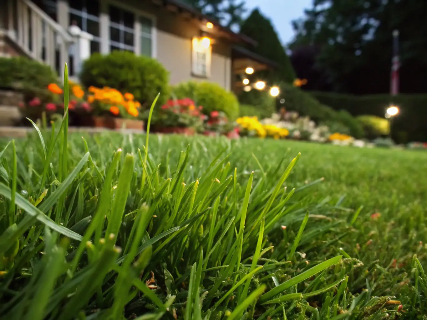 Close-up of a vibrant, healthy lawn with a focus on lush grass and minimal weeds, illustrating Lawn and Snow Piercer's fertilization and weed control service.