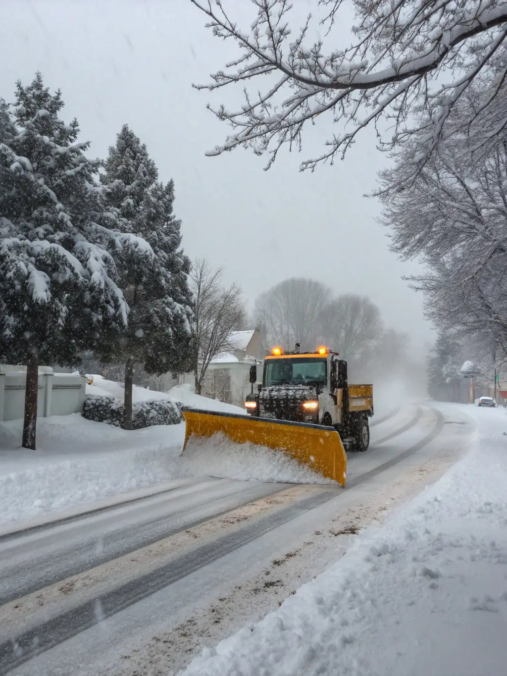 A snow plow clearing a driveway during a winter storm, demonstrating Lawn and Snow Piercer's snow removal capabilities.