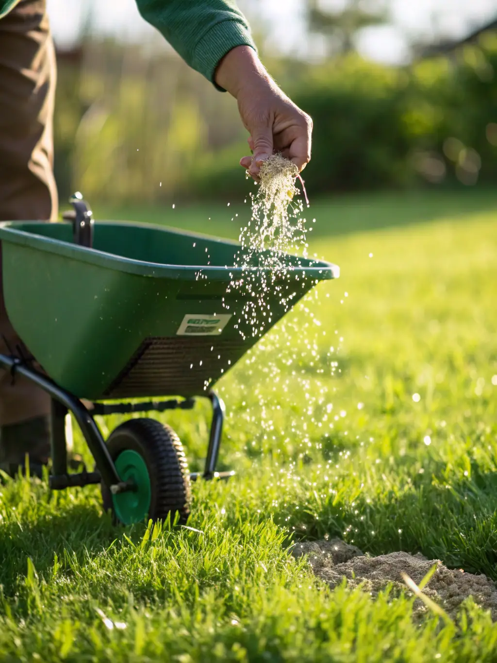 Close-up of a lawn being fertilized, highlighting the even distribution of fertilizer granules by Lawn and Snow Piercer.