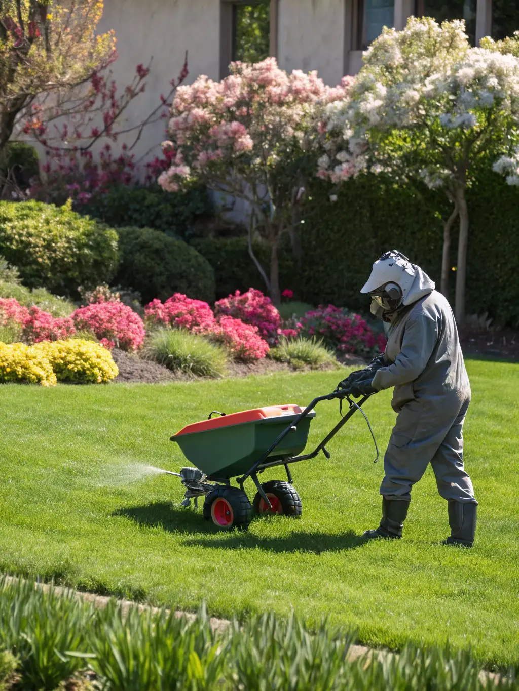 An image of a lush, green lawn being fertilized, highlighting the health and vitality achieved through Lawn and Snow Piercer's maintenance programs.