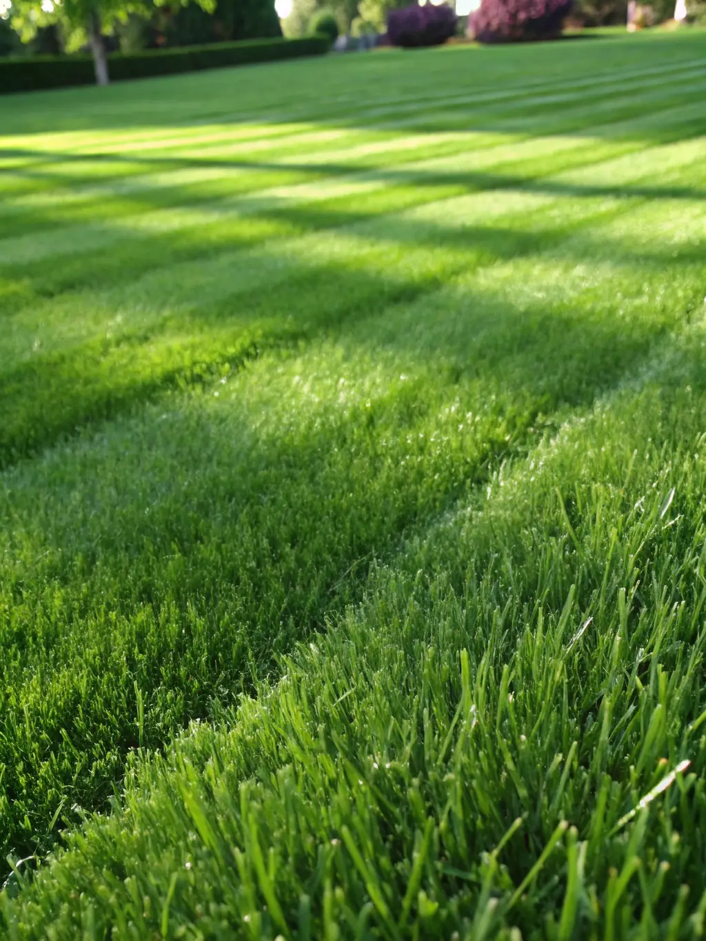 A close-up shot of a perfectly striped lawn after mowing, showcasing the precision and care taken by Lawn and Snow Piercer.