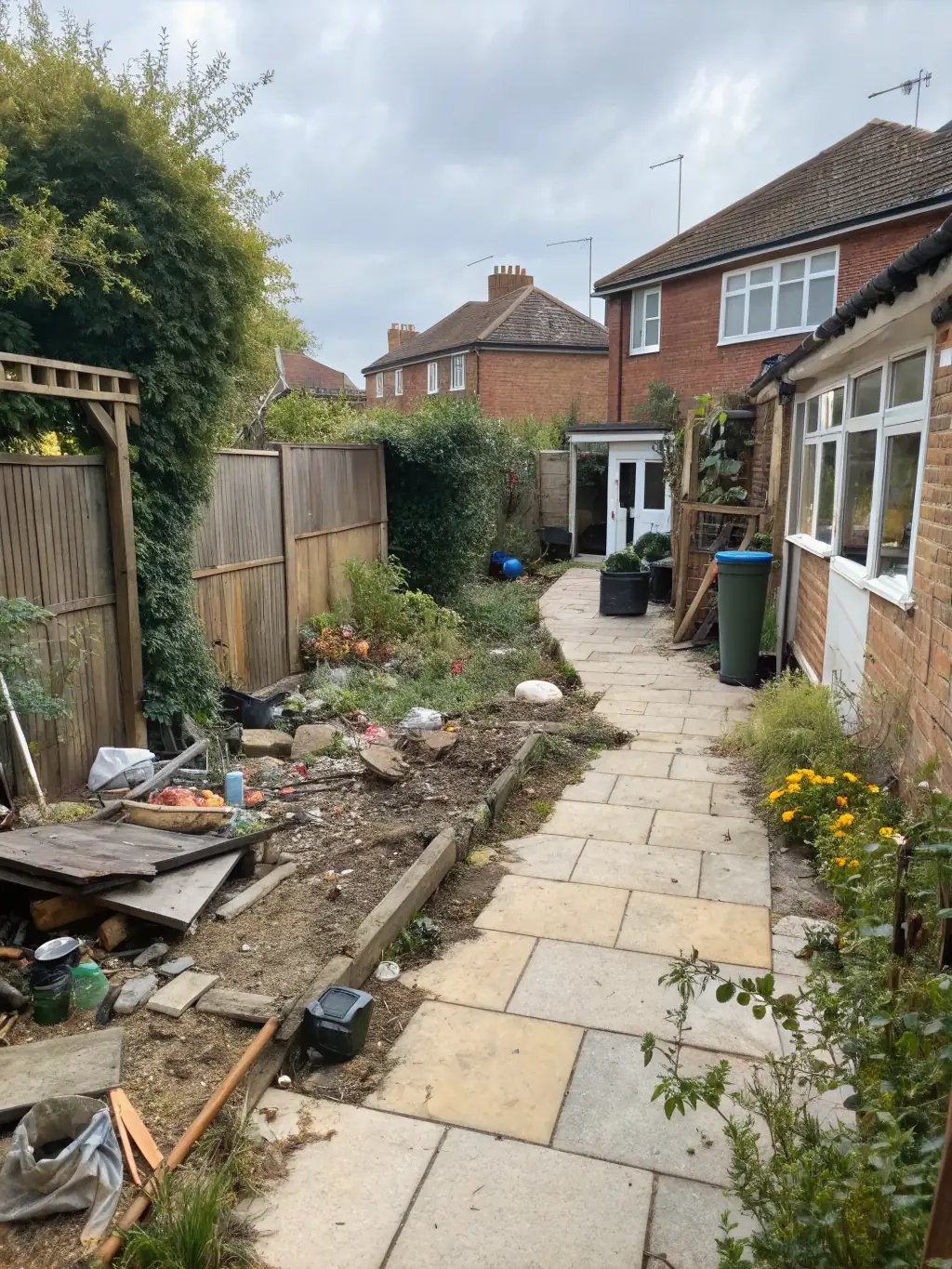 A before-and-after shot of a yard cleanup, showing the transformation from an unkempt space to a pristine outdoor area.